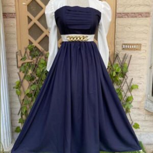 Elegant Navy Blue & White Maxi with Gold Chain Belt