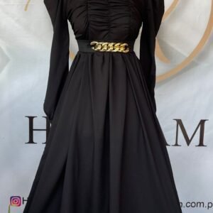 Elegant Black Ruched Maxi Dress with Gold Chain Belt