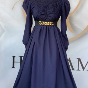 Elegant Navy Blue Ruched Maxi Dress with Gold Chain Belt