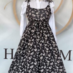 Black & White Floral Pinafore Dress with White Shirt