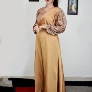 Title: Golden Sequin-Sleeve Gown