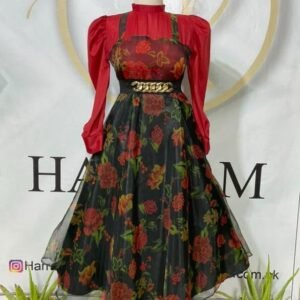 Elegant Black & Red Floral Organza Dress