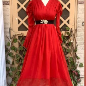 Elegant Red Chiffon Maxi Dress with Puff Sleeves & Embellished Belt