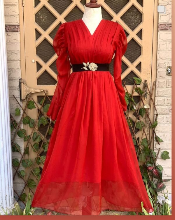 Elegant Red Chiffon Maxi Dress with Puff Sleeves & Embellished Belt