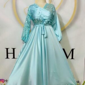 Elegant Ice Blue Silk Maxi Dress with Embellished Sleeves