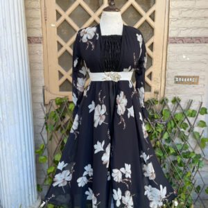 Black Floral Chiffon Maxi with Waist Belt