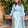 Elegant Ice Blue Silk Maxi Dress with Embellished Sleeves