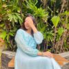 Elegant Ice Blue Silk Maxi Dress with Embellished Sleeves - Image 4