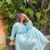 Elegant Ice Blue Silk Maxi Dress with Embellished Sleeves