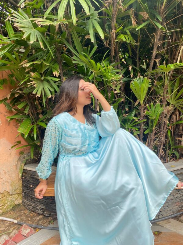 Elegant Ice Blue Silk Maxi Dress with Embellished Sleeves