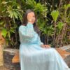 Elegant Ice Blue Silk Maxi Dress with Embellished Sleeves - Image 2
