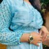 Elegant Ice Blue Silk Maxi Dress with Embellished Sleeves - Image 3