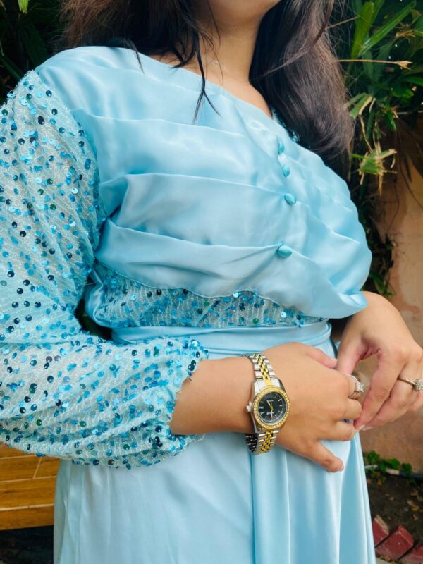 Elegant Ice Blue Silk Maxi Dress with Embellished Sleeves - Image 3