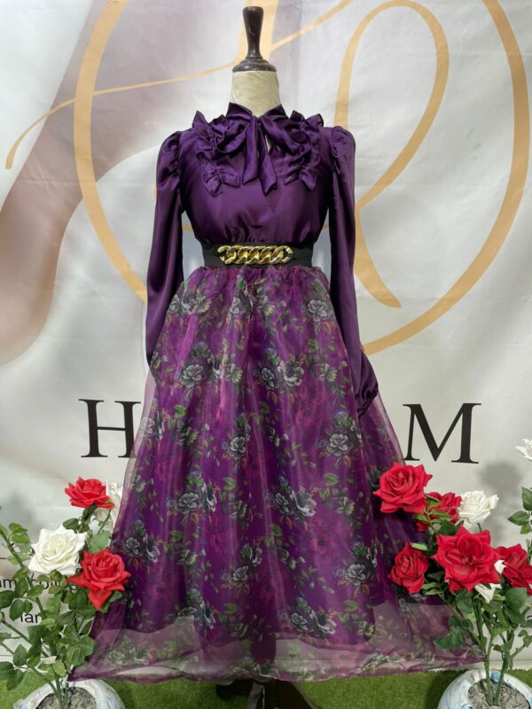 Luxury Purple Silk Shirt with Floral Organza Skirt & Gold Chain Belt – Harram Collection