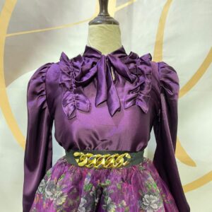 Luxury Purple Silk Shirt with Floral Organza Skirt & Gold Chain Belt – Harram Collection