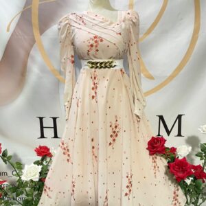 Elegant Peach Floral Korean Chiffon Maxi with Gold Chain Belt – Harram Collection