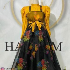 Black Floral Organza Dress with Mustard Blouse