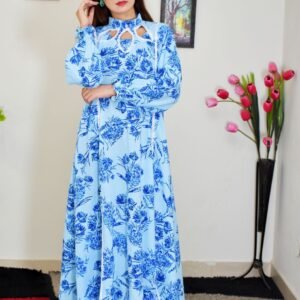 Sky Blue Floral Maxi Dress with Cutout Neckline