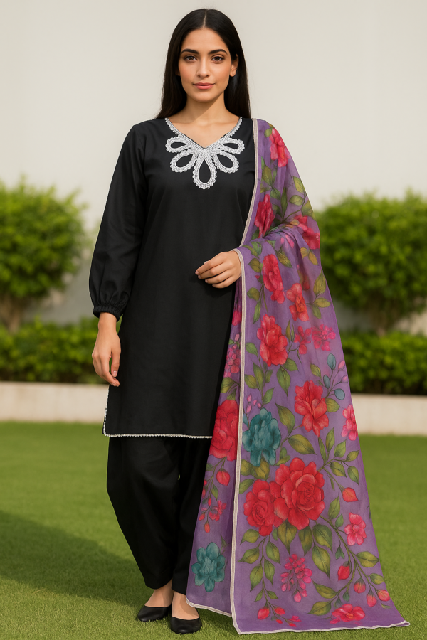 Elegant Black 3-Piece E Suit with Floral Organiza Dupatta 🌸🖤