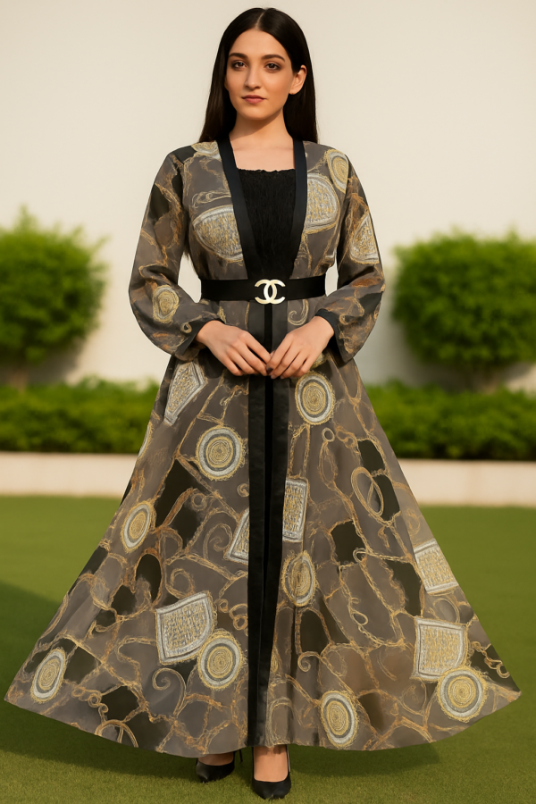 Elegant Printed Long Gown with Belt – Luxe Flow & Fashion Statement ✨