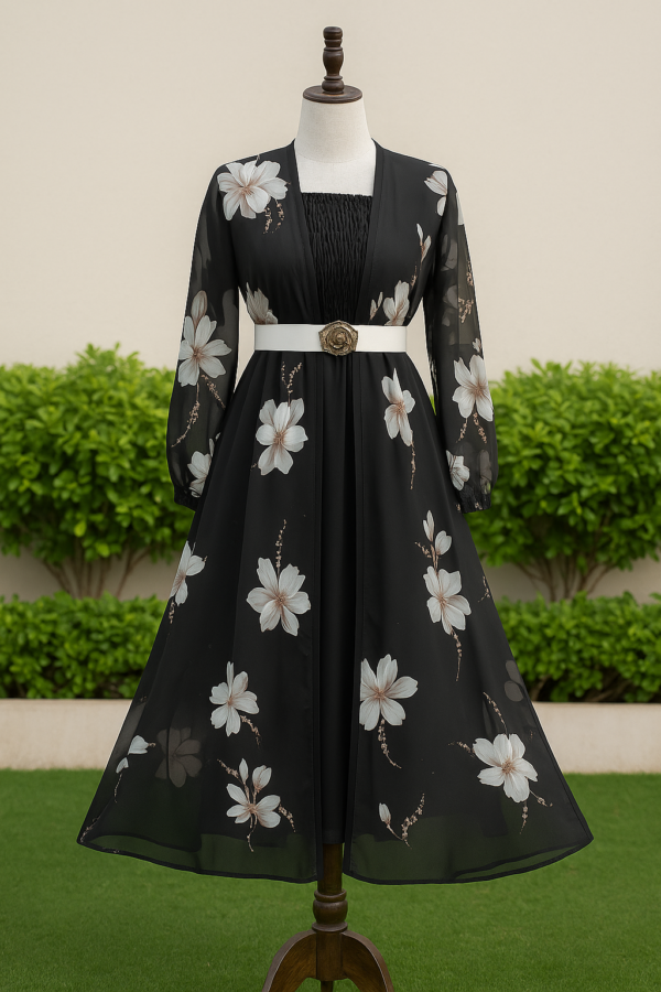 Elegant Black Floral Flare Gown with Belt & Printed Sleeves 🌸🖤