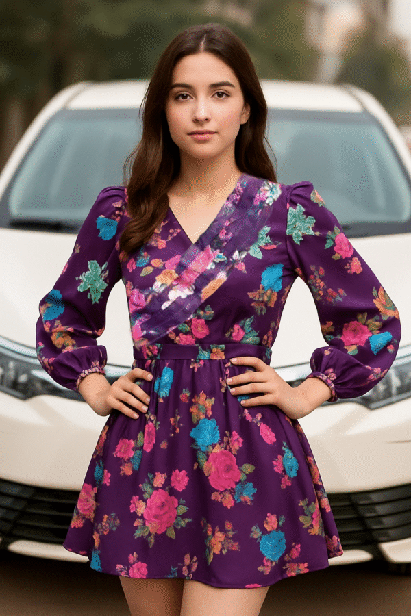 Elegant Floral Puff Sleeve Top – Purple 🌸💜