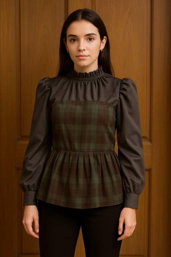 Elegant Checkered Frill Top with Puff Sleeves 🖤✨