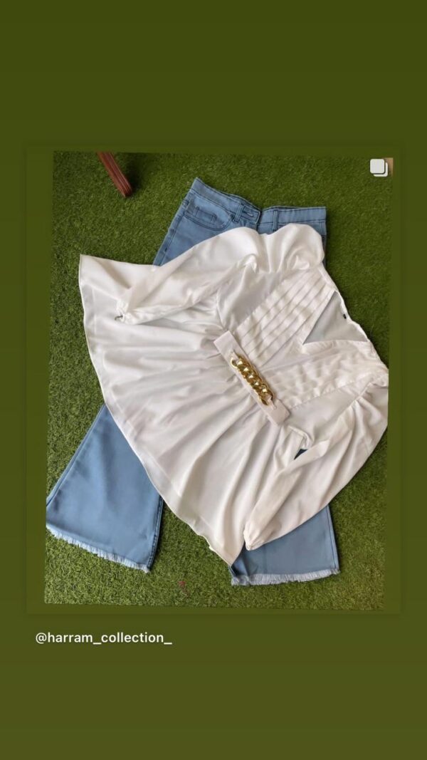 Chic White Pleated Top with Golden Belt 👑 & Sky Blue Flared Jeans 👖 | Elegant Casual Set 🌿