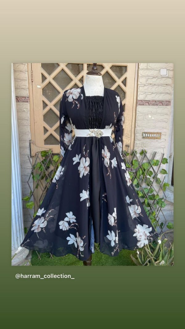 Elegant Black Floral Flare Gown with Belt & Printed Sleeves 🌸🖤