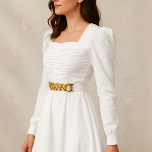 Elegant White Ruched Maxi Dress with Gold Chain Belt