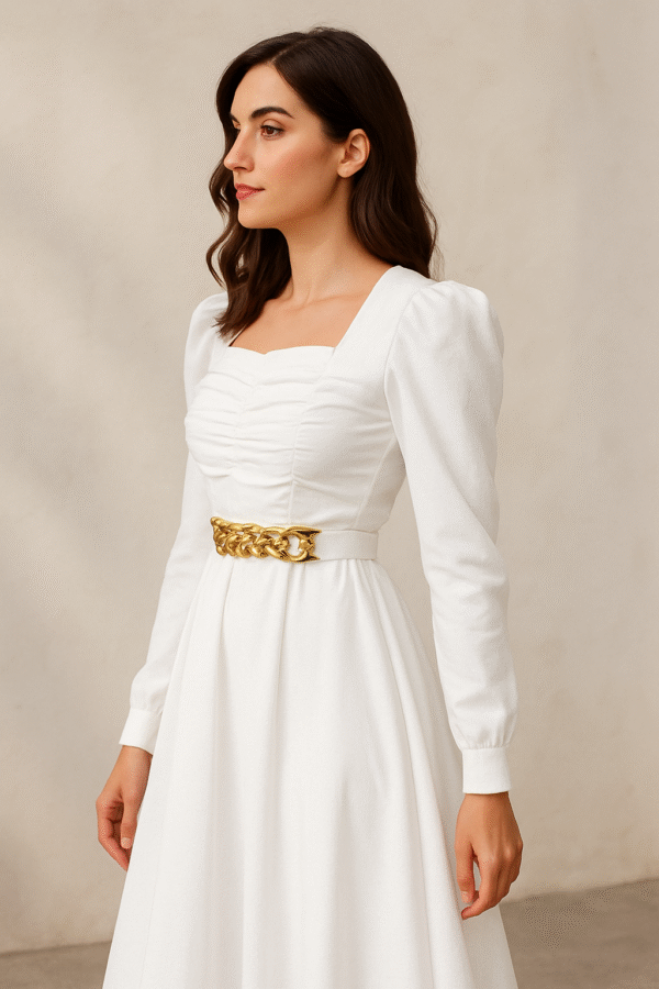 Elegant White Ruched Maxi Dress with Gold Chain Belt
