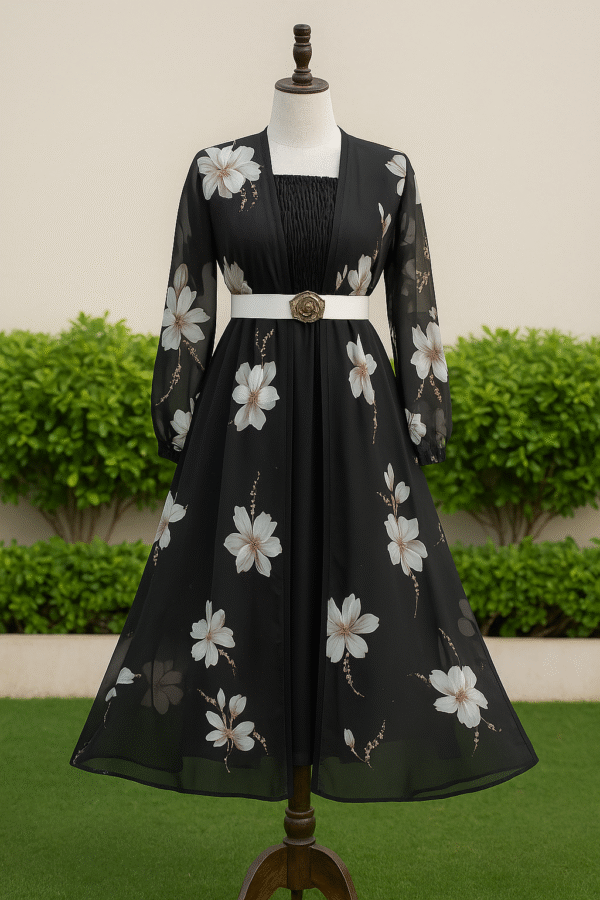 Elegant Black Floral Flare Gown with Belt & Printed Sleeves 🌸🖤 - Image 2