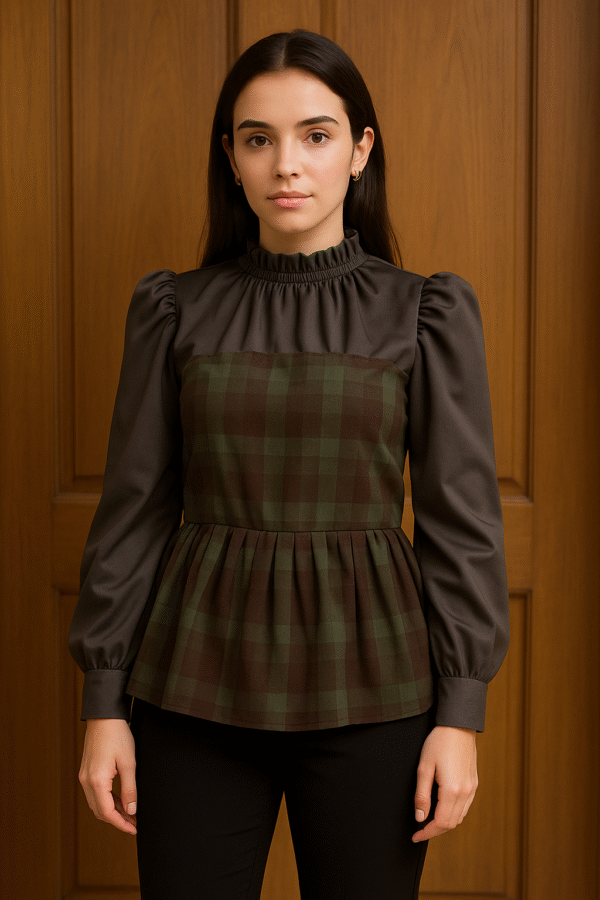 Elegant Checkered Frill Top with Puff Sleeves 🖤✨