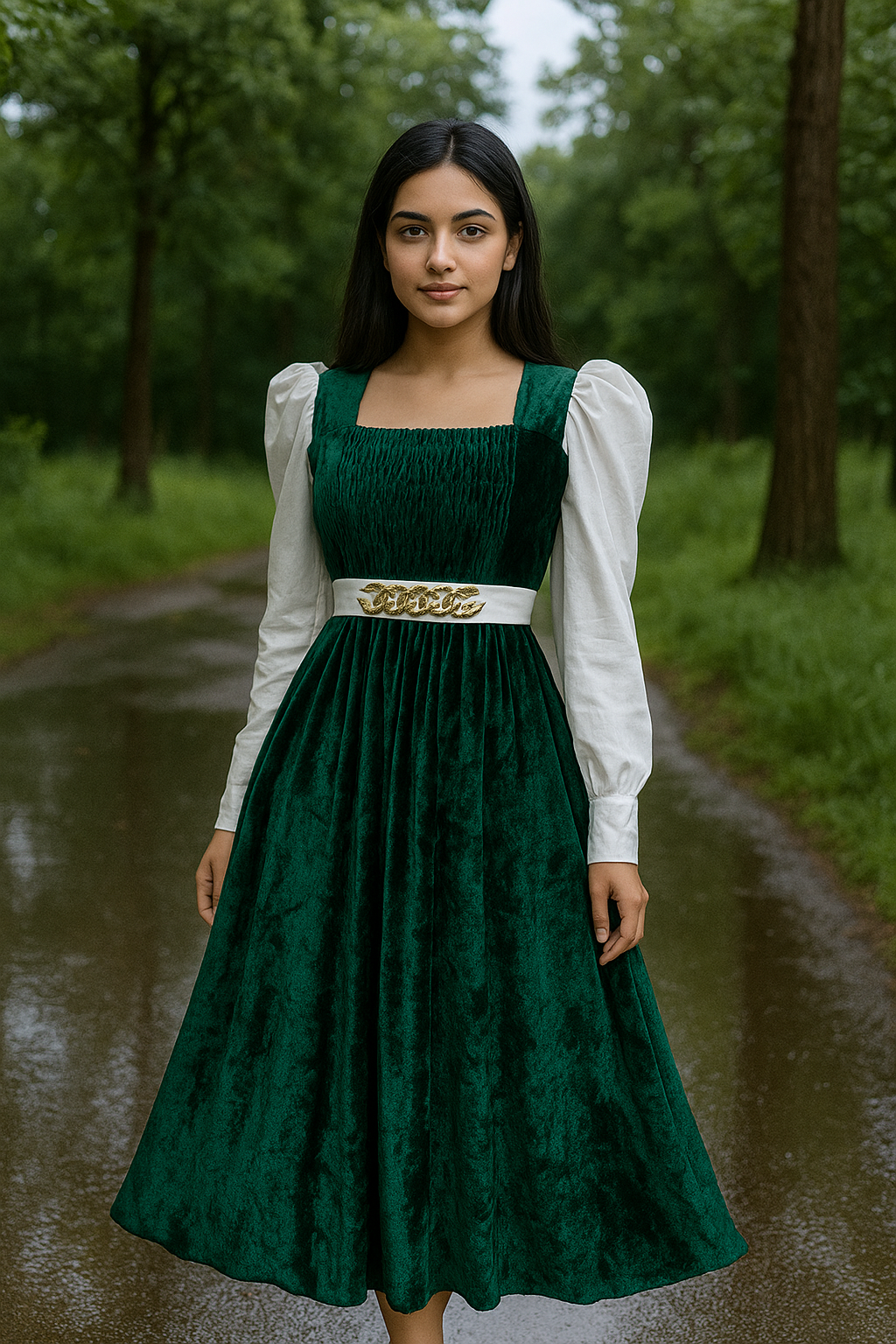 Royal Velvet Magenta Maxi with White Puff Sleeves