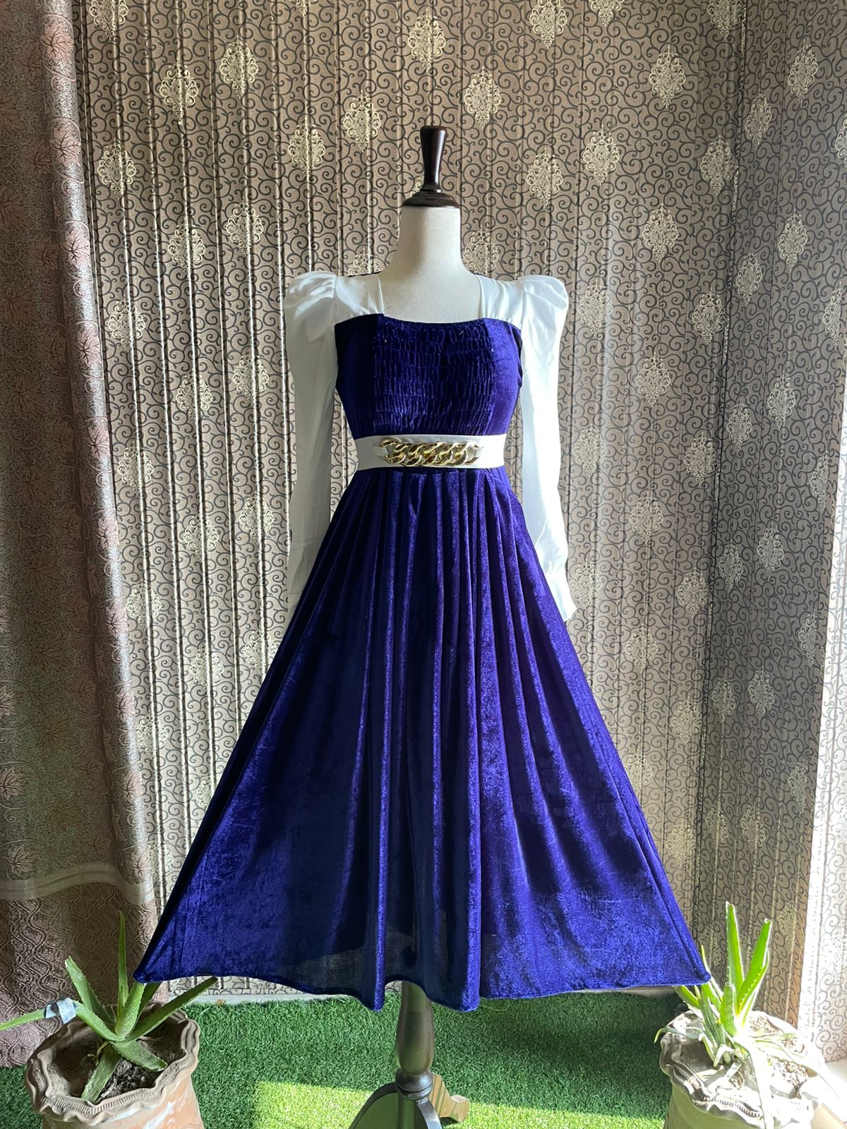 Royal Blue Velvet Maxi with White Puff Sleeves & Gold Belt - Image 2