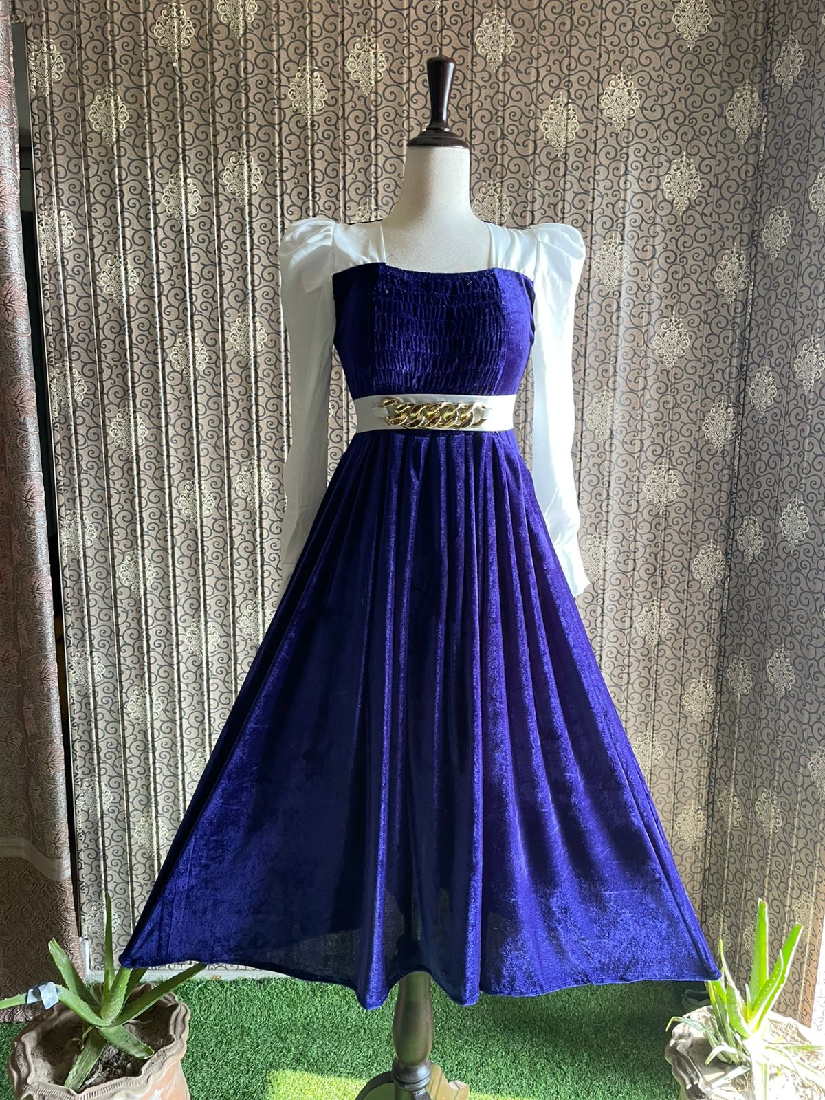 Royal Blue Velvet Maxi with White Puff Sleeves & Gold Belt - Image 3