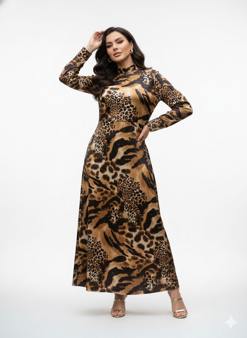 Leopard Print Velvet High-Neck Maxi Dress β Elegant Winter Collection - Image 6