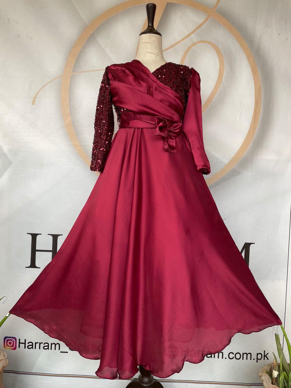 Title: Maroon Silk Maxi Dress with Sequin Sleeve