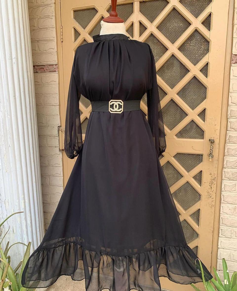 Elegant Black Chiffon Maxi with Ruffled Hem