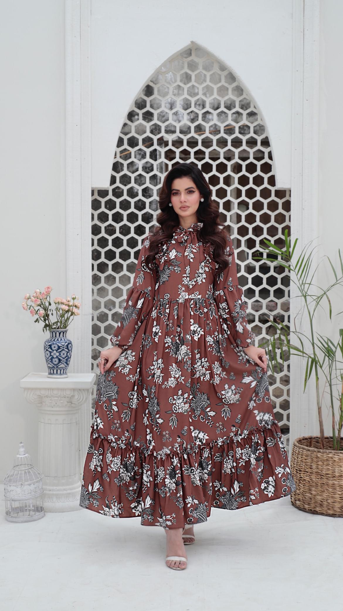 Brown Floral Print Maxi with Ruffle Hem