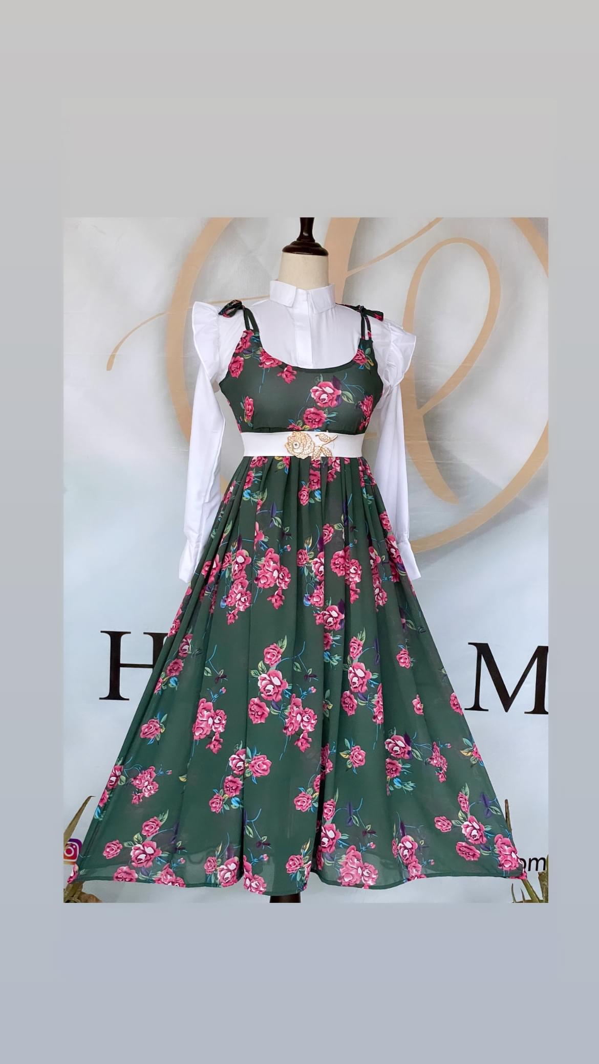 Green Floral Pinafore Dress with White Ruffled Shirt