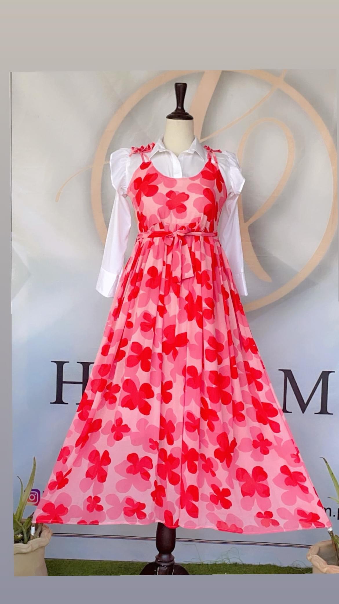 Pink & Red Floral Pinafore Dress with White Ruffled Shirt