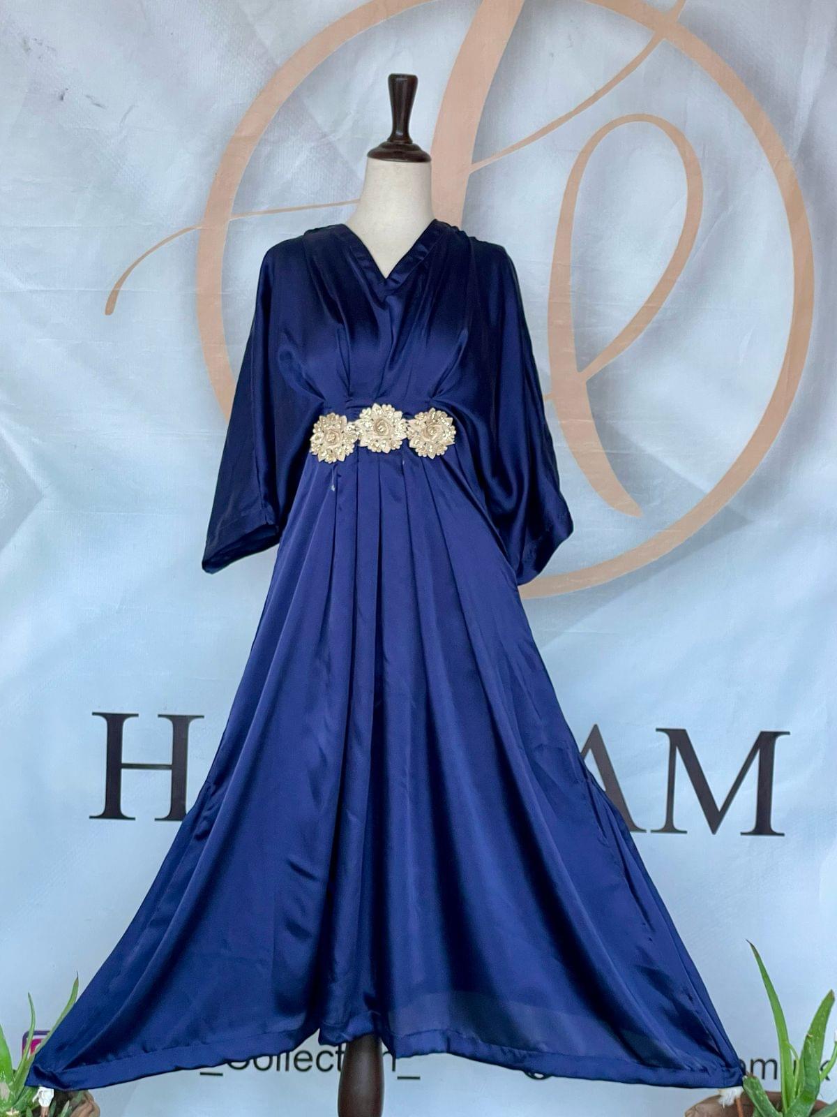 Royal Blue Silk Kaftan with Floral Gold patch