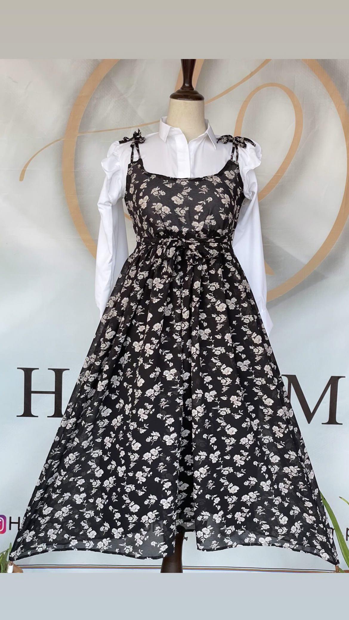 Black & White Floral Pinafore Dress with White Shirt