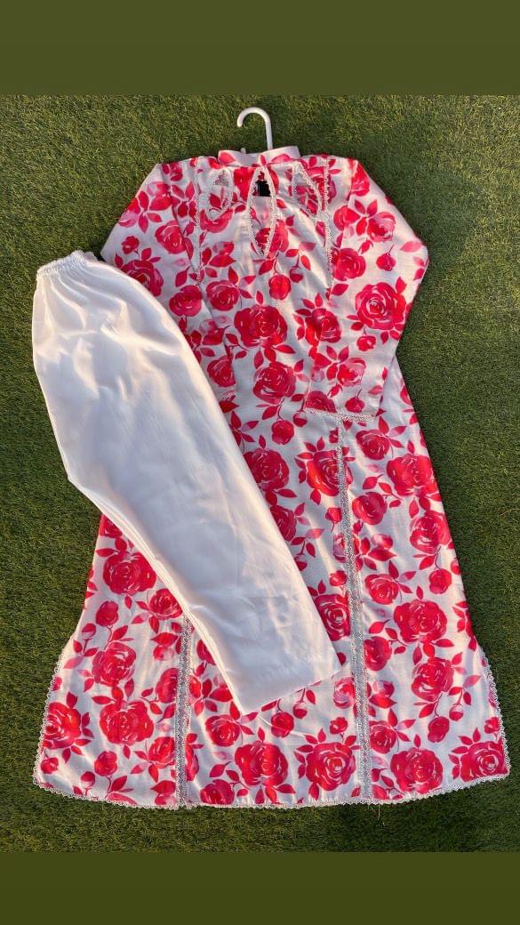 Title: White & Red Floral Printed 2-Piece Suit