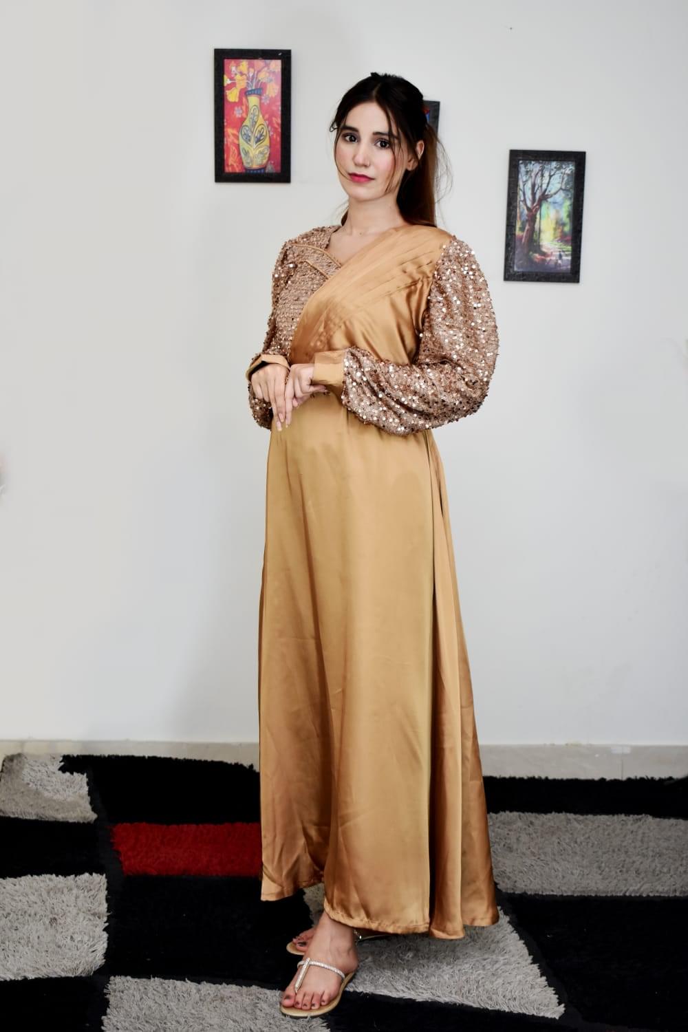 Title: Golden Sequin-Sleeve Gown