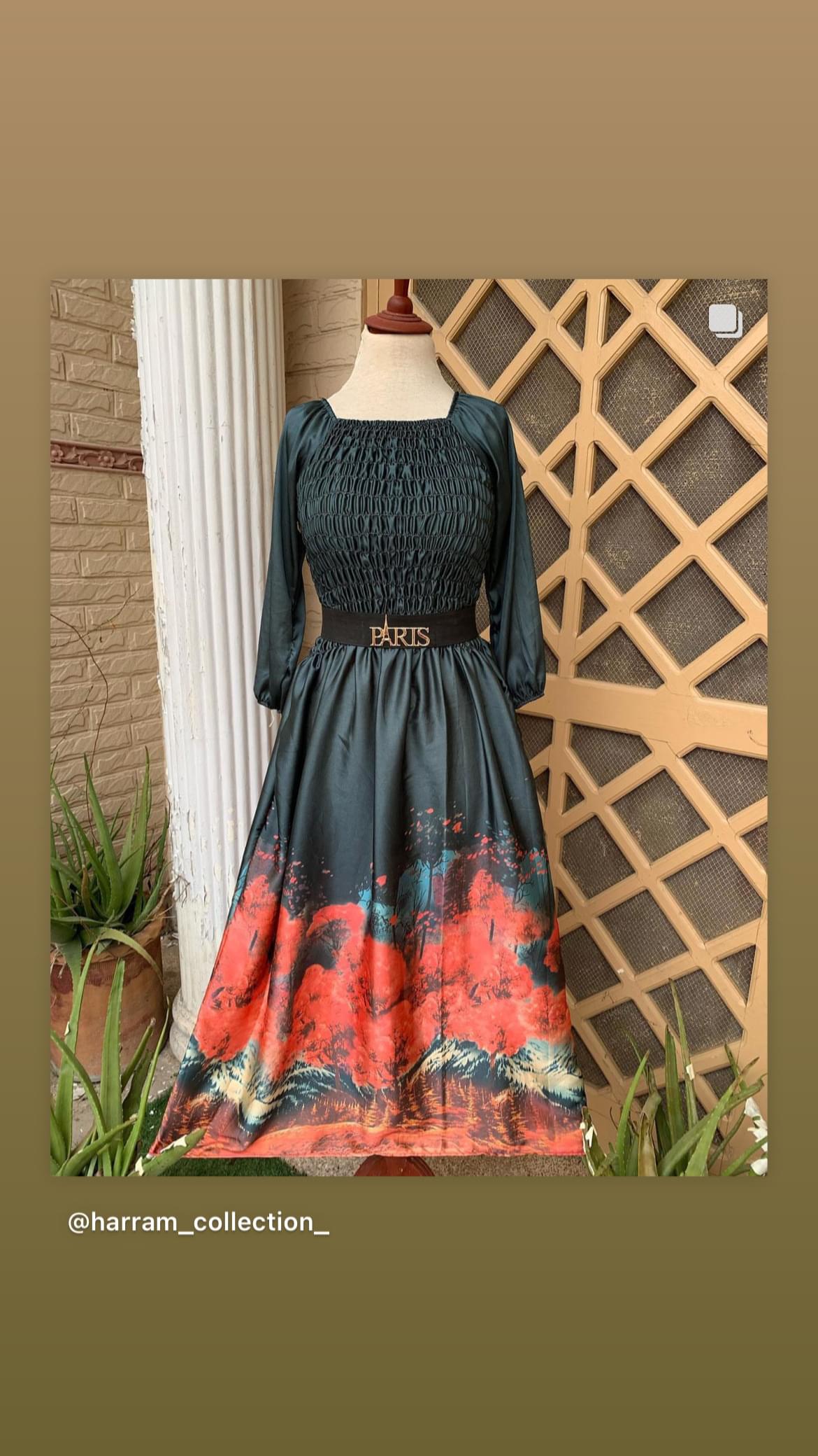 Elegant Smocked Bodice Printed Maxi with Paris Belt