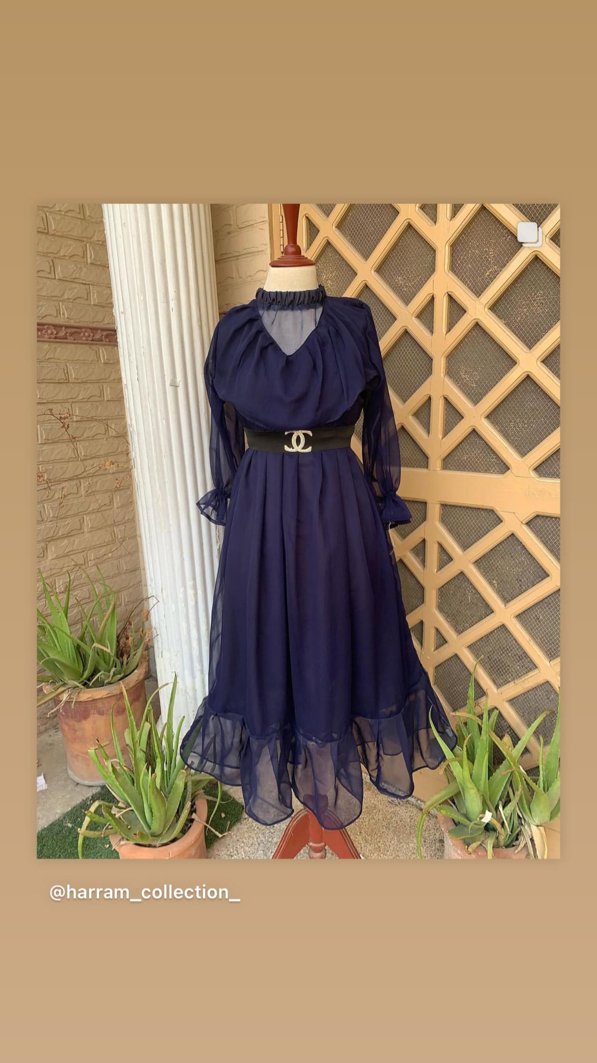 Midnight Elegance Chiffon Flare Dress with Statement Belt