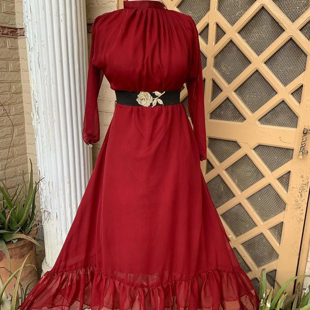 Elegant Maroon Chiffon Maxi with Waist Belt