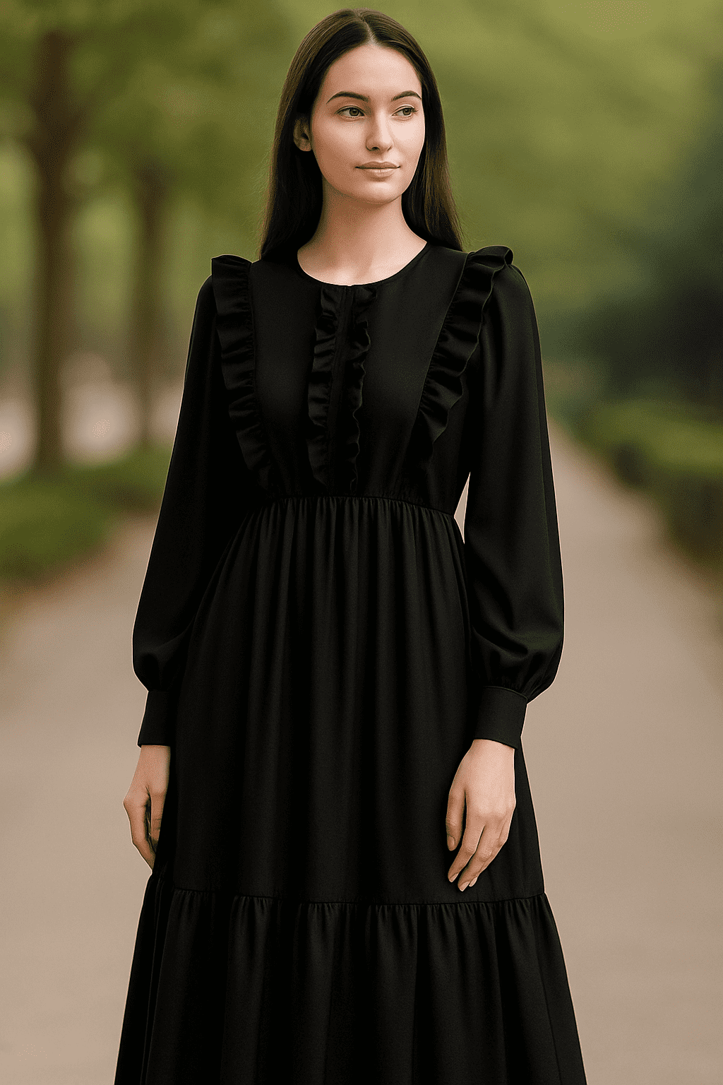 Elegant Black Ruffle Maxi Dress 👗🖤 | Satin Shine with Statement Flair